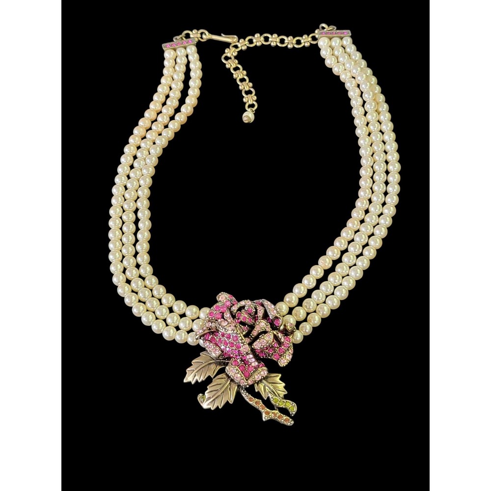 HEIDI DAUS Vintage Pink Rose Faux Pearl Swarovski Crystal 3 Strand Necklace
